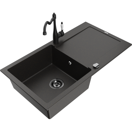 Mexen Leo chiuvetă granitică cu o singură cameră și scurgător și baterie de bucătărie Carla, negru/auriu metalic