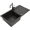 Mexen Leo chiuvetă granitică cu o singură cameră și scurgător și baterie de bucătărie Carla, negru/auriu metalic