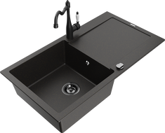 Mexen Leo egykamrás gránit mosogató csepegtetővel és Carla konyhai csappal, fekete/arany metál - 6501-75-670700-70-B