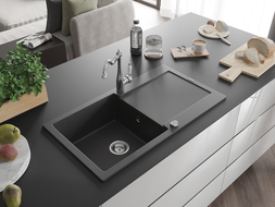 Mexen Leo chiuvetă de granit cu o singură cuvă cu picurător și baterie de bucătărie Carla, negru pătat
