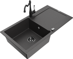 Mexen Leo chiuvetă de granit cu 1 compartiment cu scurgător și baterie de bucătărie Carla, negru punctat - 6501-76-670700-70-B