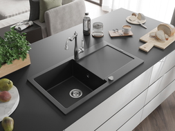Mexen Leo egymedencés gránit mosogató csepegtetővel és Carla konyhai csappal, fekete - 6501-77-670700-00
