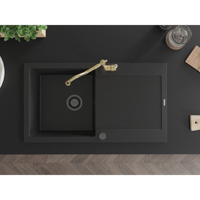 Mexen Leo 1-medencés gránit mosogató lefolyóval és Carla konyhai csapteleppel, fekete - 6501-77-670700-50-B