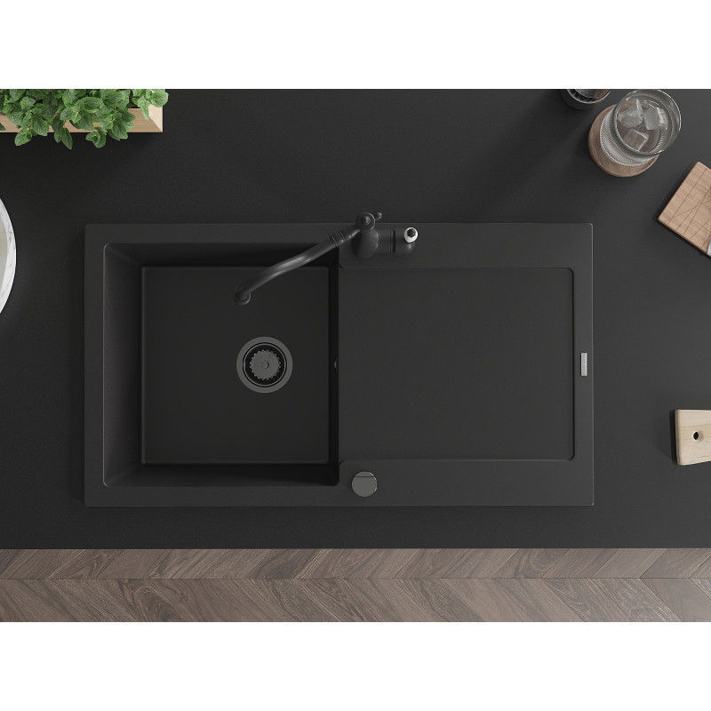 Mexen Leo egykamrás gránit mosogató csepegtetővel és Carla konyhai csappal, fekete - 6501-77-670700-70-B