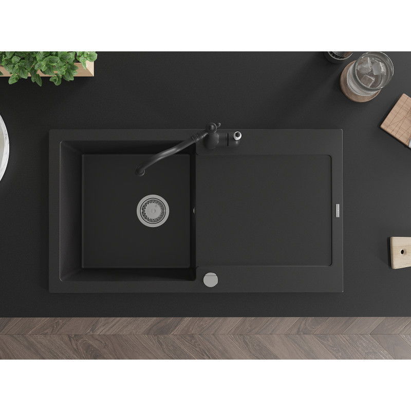 Mexen Leo egymedencés gránit mosogatócsepegtetővel és Carla konyhai csappal, fekete - 6501-77-670700-70