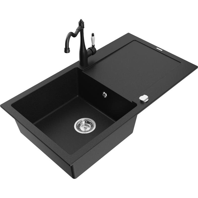 Mexen Leo chiuvetă de bucătărie din granit cu 1 compartiment, cu scurgător și robinet Carla, negru - 6501-77-670700-70