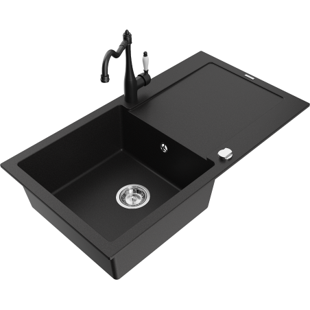 Mexen Leo chiuvetă de bucătărie din granit cu 1 compartiment, cu scurgător și robinet Carla, negru - 6501-77-670700-70