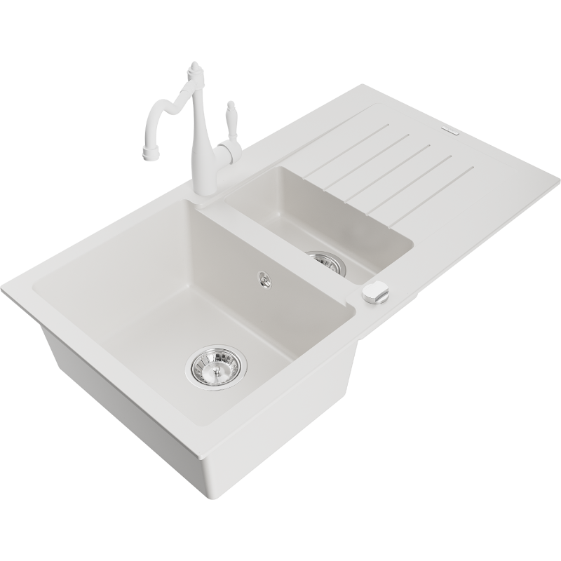 Mexen Matias chiuvetă de granit cu 1,5 compartimente cu scurgător și baterie de bucătărie Carla, albă - 6502-20-670700-20