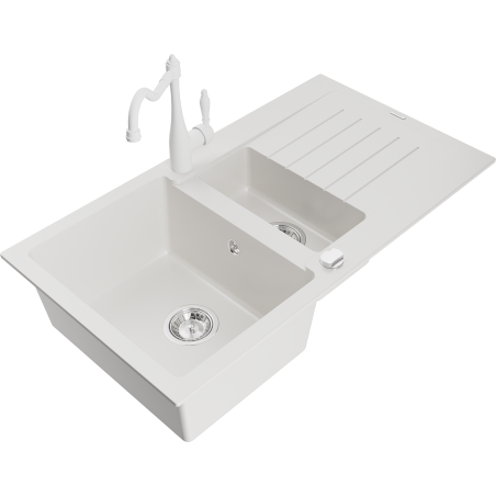 Mexen Matias chiuvetă de granit cu 1,5 compartimente cu scurgător și baterie de bucătărie Carla, albă - 6502-20-670700-20