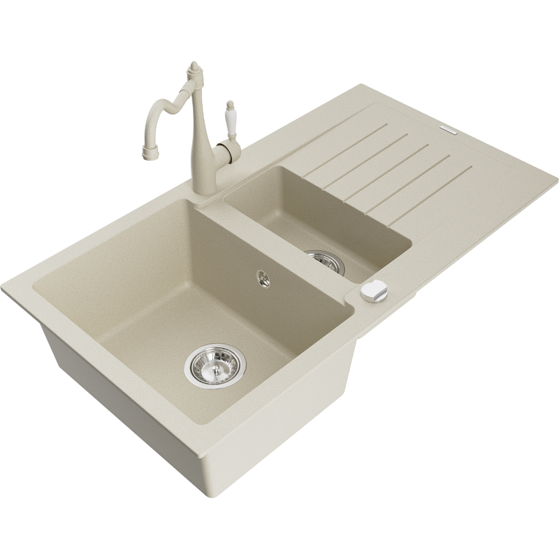 Mexen Matias chiuvetă din granit 1,5 compartimente cu scurgător și baterie de bucătărie Carla, bej - 6502-69-670700-69