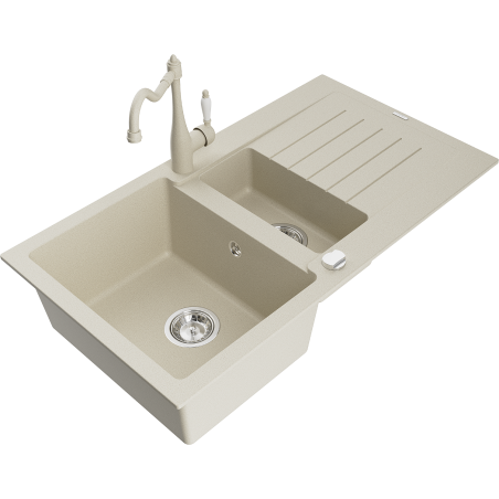 Mexen Matias chiuvetă din granit 1,5 compartimente cu scurgător și baterie de bucătărie Carla, bej - 6502-69-670700-69