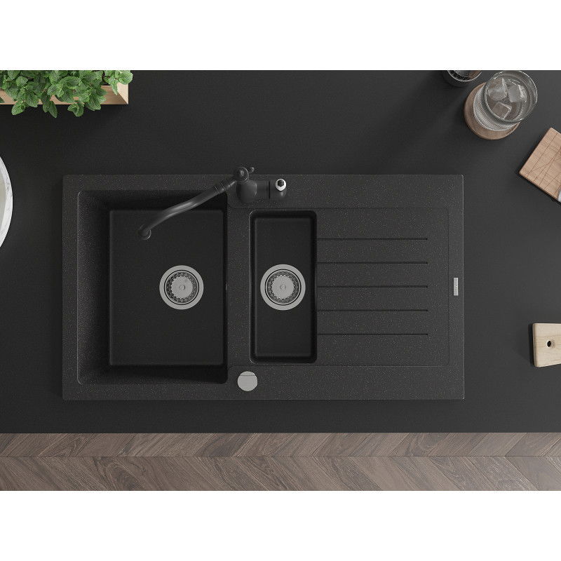 Mexen Matias 1,5-medencés gránit mosogató csepegtetővel és Carla konyhai csapteleppel fekete/ezüst metál - 6502-73-670700-70
