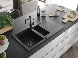 Chiuvetă granit Mexen Matias 1,5 compartimente cu picurător și baterie de bucătărie Carla, negru/argintiu - 6502-73-670700-70-B