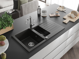 Mexen Matias chiuvetă granit 1,5 camere cu scurgător și baterie bucătărie Carla, negru/auriu metalic - 6502-75-670700-00