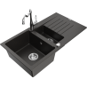 Mexen Matias chiuvetă de granit cu 1,5 cuve și scurgător, baterie de bucătărie Carla, negru/auriu metalic