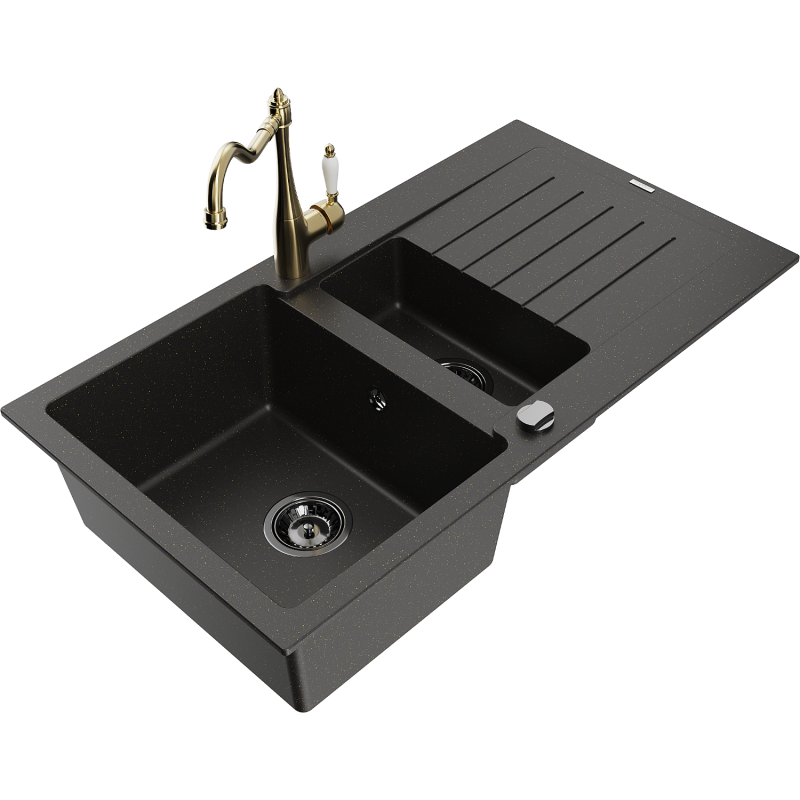 Mexen Matias chiuvetă de granit cu 1,5 compartimente și picurător și baterie de bucătărie Carla, negru/auriu metalic