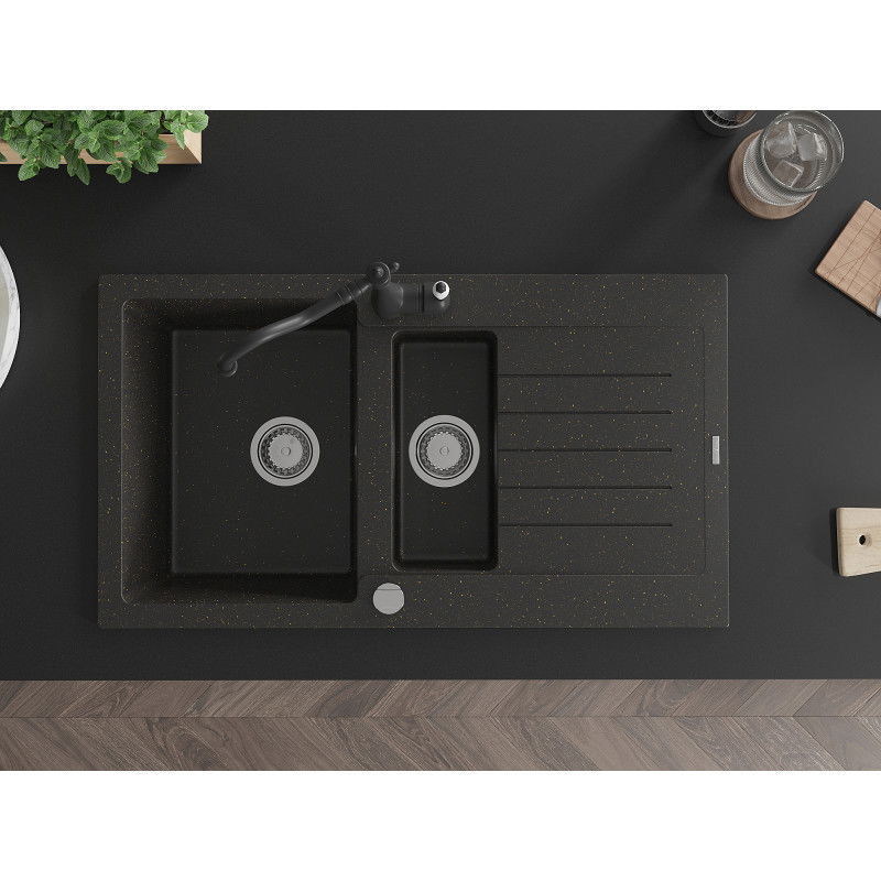Mexen Matias gránit mosogató 1,5 kamrás csepegtetővel és Carla konyhai csappal fekete/arany metál - 6502-75-670700-70