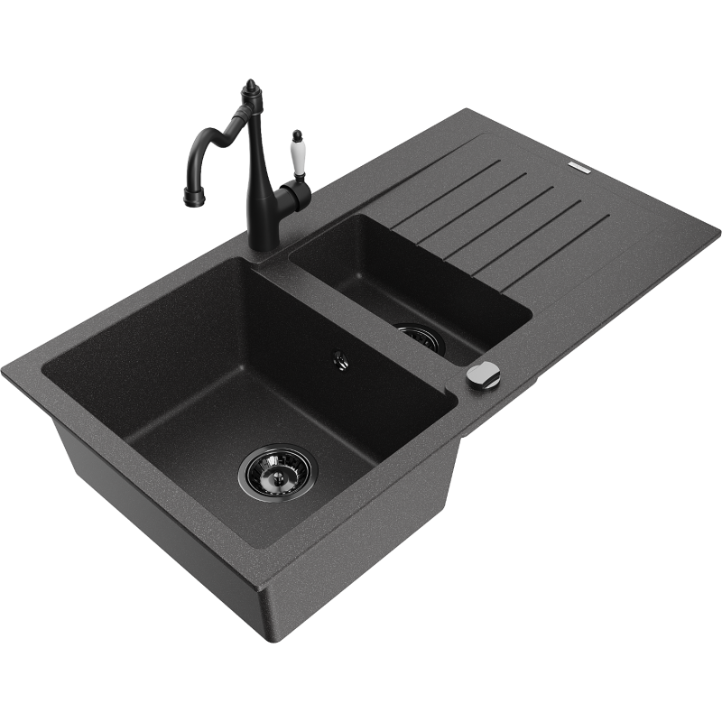 Mexen Matias chiuvetă de granit cu 1,5 compartimente cu scurgător și baterie de bucătărie Carla, negru cu stropi