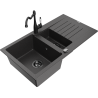 Mexen Matias chiuvetă de granit cu 1,5 compartimente cu scurgător și baterie de bucătărie Carla, negru cu stropi