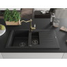 Mexen Matias chiuvetă de granit cu 1,5 cuve cu picurător și baterie de bucătărie Carla, negru - 6502-77-670700-50-B