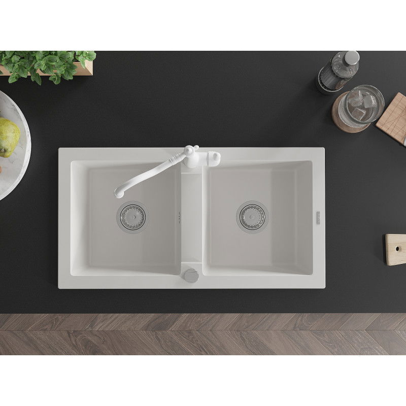 Mexen Mario chiuvetă de bucătărie din granit cu 2 compartimente cu baterie de bucătărie Carla, alb - 6504-20-670700-20