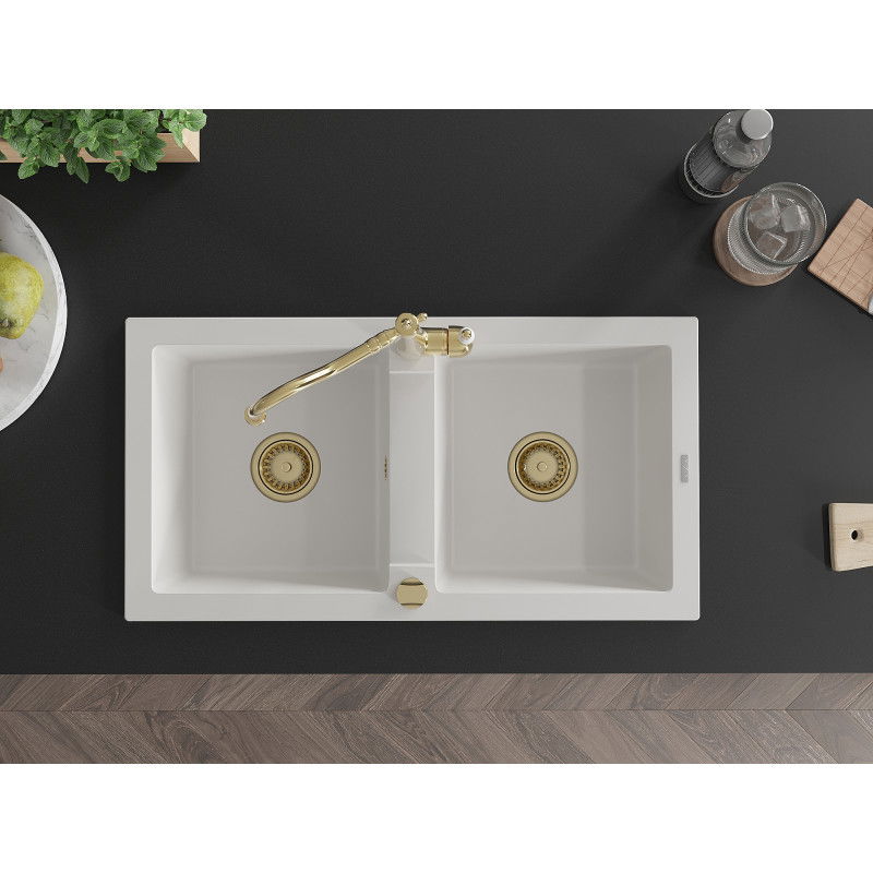 Mexen Mario chiuvetă de bucătărie din granit cu 2 compartimente și baterie de bucătărie Carla, alb - 6504-20-670700-50