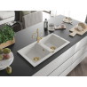 Mexen Mario chiuvetă de bucătărie din granit cu 2 compartimente și baterie Carla, albă - 6504-20-670700-50
