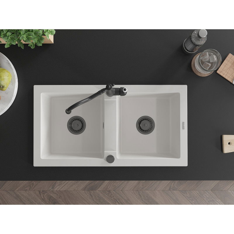 Mexen Mario 2 kamrás gránit mosogató Carla konyhai csapteleppel, fehér - 6504-20-670700-70