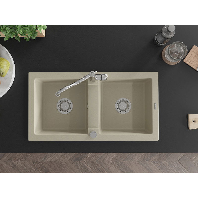 Mexen Mario 2 rekeszes gránit mosogató Carla konyhai csapteleppel, bézs - 6504-69-670700-00