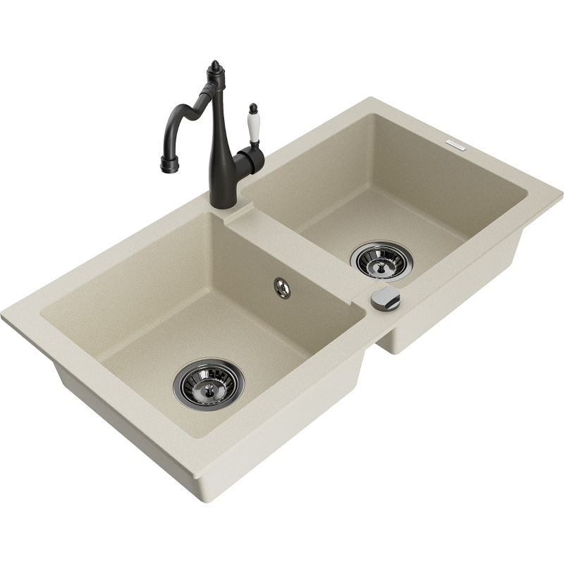Mexen Mario chiuvetă de bucătărie din granit cu 2 compartimente și baterie Carla, bej - 6504-69-670700-70