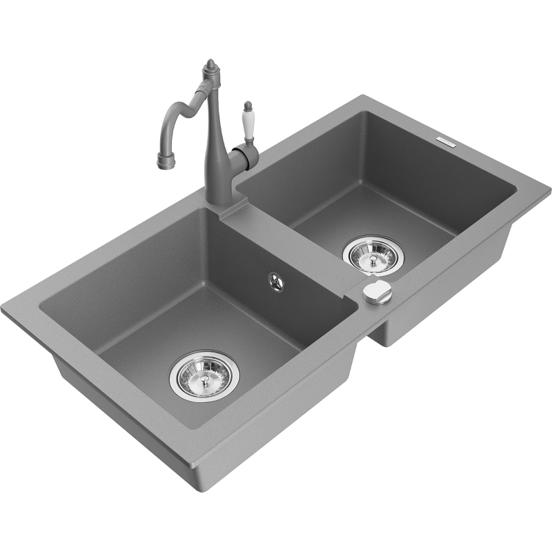 Mexen Mario gránit 2-medencés mosogató Carla konyhai csapteleppel, szürke - 6504-71-670700-71