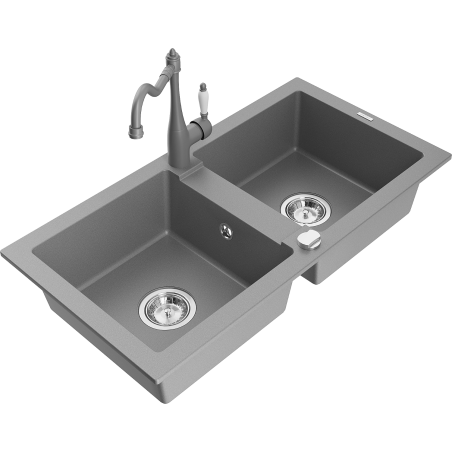 Mexen Mario gránit 2-medencés mosogató Carla konyhai csapteleppel, szürke - 6504-71-670700-71