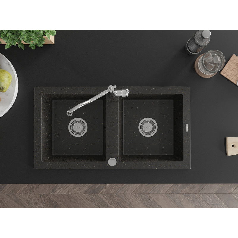 Mexen Mario 2-rekeszes gránit mosogató Carla konyhai csappal, fekete/arany metál - 6504-75-670700-00