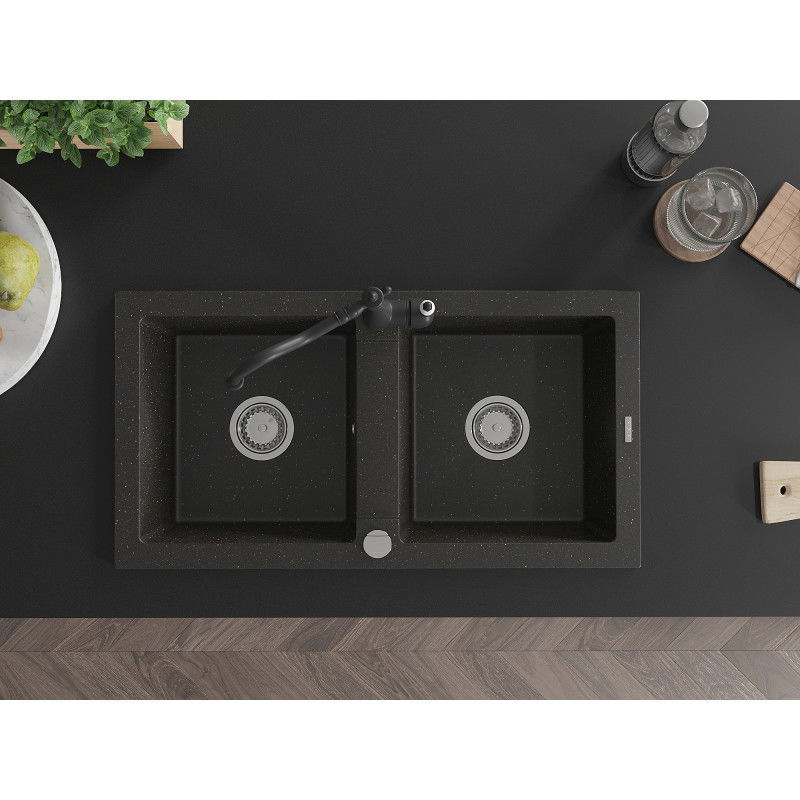 Mexen Mario chiuvetă de granit cu 2 compartimente și baterie de bucătărie Carla, metalic negru/auriu - 6504-75-670700-70