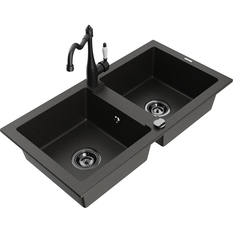 Mexen Mario chiuvetă din granit cu 2 cuve cu baterie de bucătărie Carla, negru/auriu metalizat - 6504-75-670700-70-B
