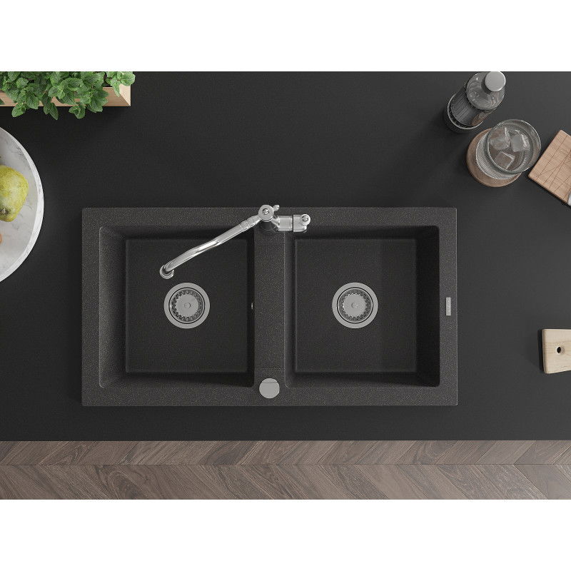 Mexen Mario gránit 2-medencés mosogató Carla konyhai csapteleppel, fekete szemcsés - 6504-76-670700-00