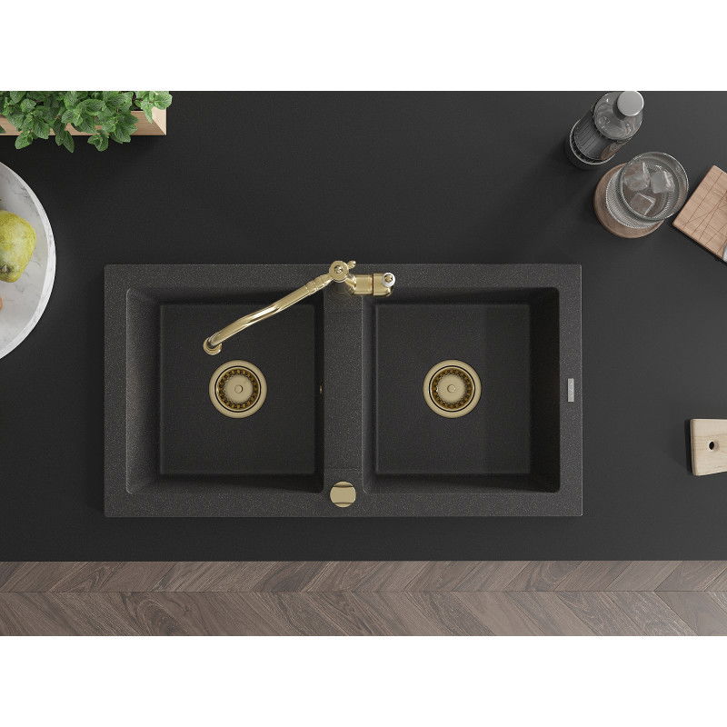Mexen Mario kéttálcás gránit mosogató Carla konyhai csappal, fekete pettyes - 6504-76-670700-50