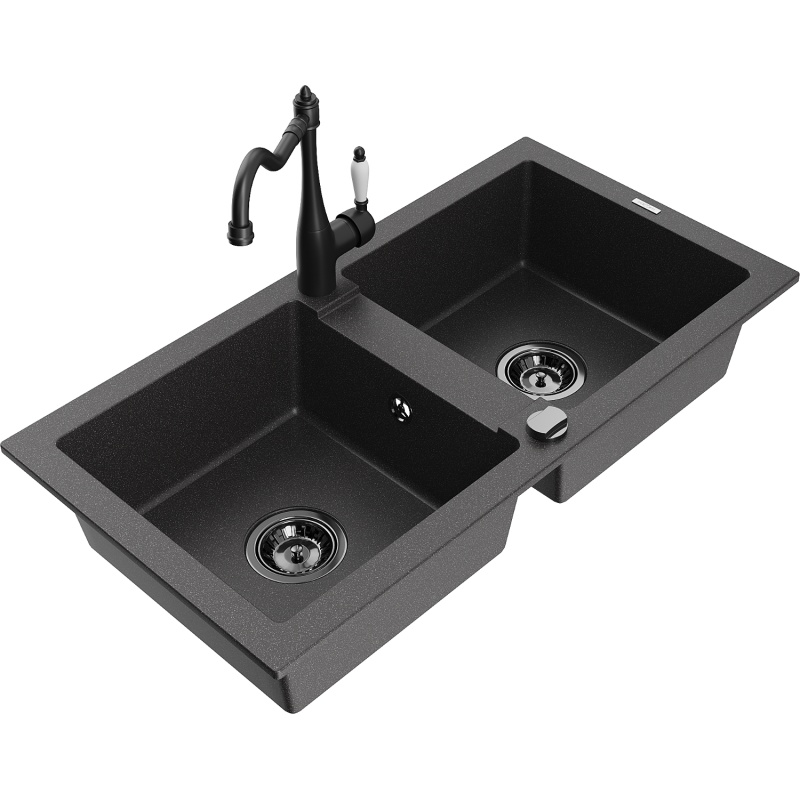 Mexen Mario chiuvetă granit 2-camere cu baterie de bucătărie Carla, negru punctat - 6504-76-670700-70-B