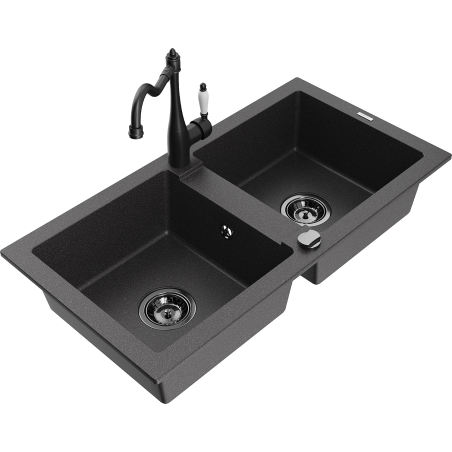 Mexen Mario chiuvetă granit 2-camere cu baterie de bucătărie Carla, negru punctat - 6504-76-670700-70-B