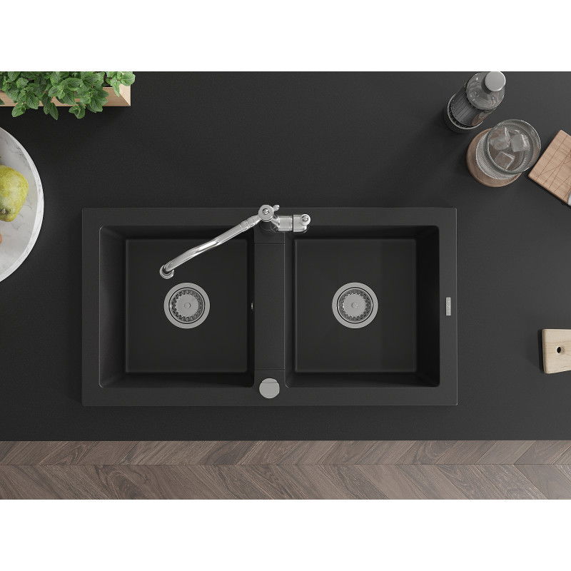 Mexen Mario chiuvetă de bucătărie din granit cu 2 cuve și baterie de bucătărie Carla, negru - 6504-77-670700-00