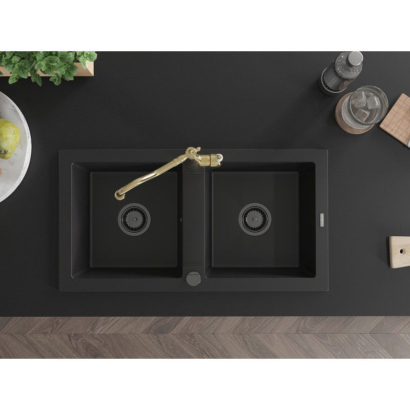 Mexen Mario gránit mosogató 2 rekeszes konyhai csappal Carla, fekete - 6504-77-670700-50-B