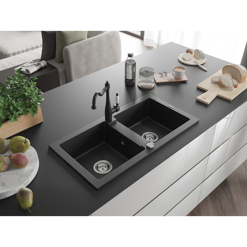 Mexen Mario chiuvetă de bucătărie granit 2 camere cu baterie de bucătărie Carla, negru - 6504-77-670700-70