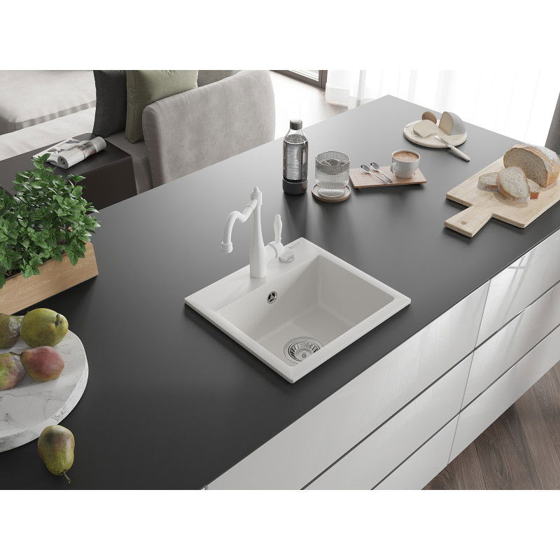 Mexen Milo egykamrás gránit mosogató Carla konyhai csapteleppel, fehér - 6505-20-670700-20
