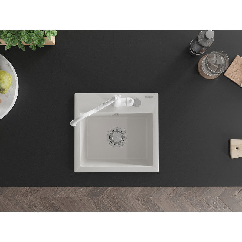 Mexen Milo egykamrás gránit mosogató Carla konyhai csapteleppel, fehér - 6505-20-670700-20