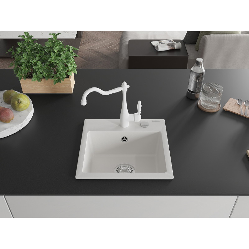 Mexen Milo chiuvetă de granit cu 1 cameră cu baterie de bucătărie Carla, alb - 6505-20-670700-20