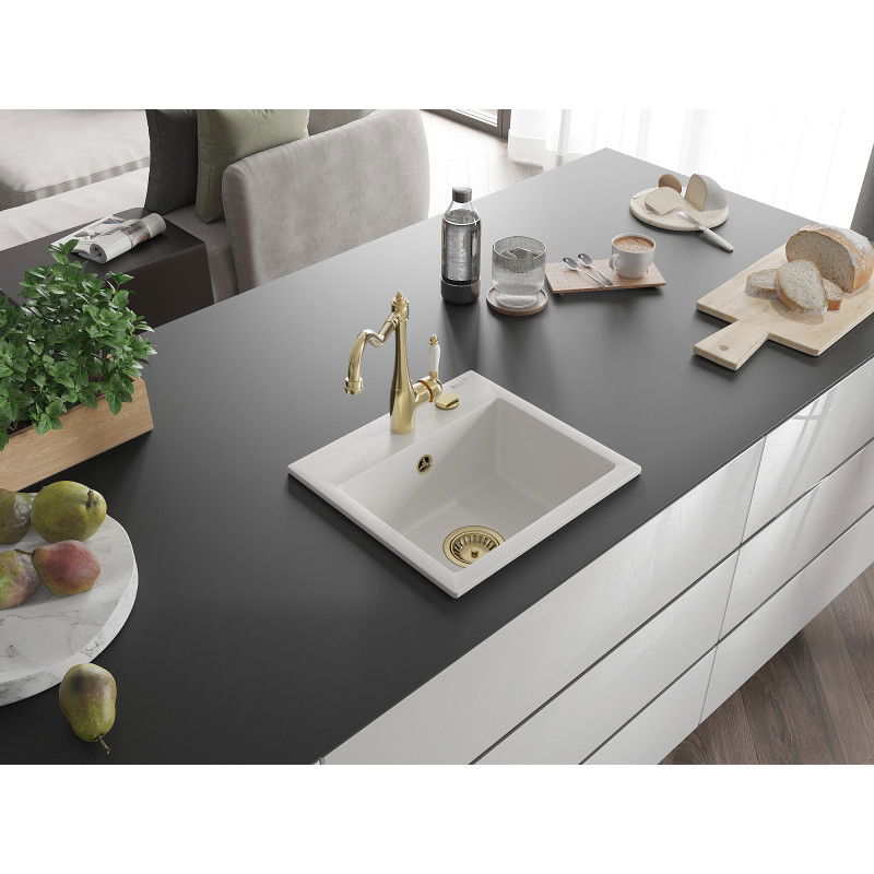 Mexen Milo chiuvetă de bucătărie din granit cu 1 compartiment și baterie de bucătărie Carla, alb - 6505-20-670700-50