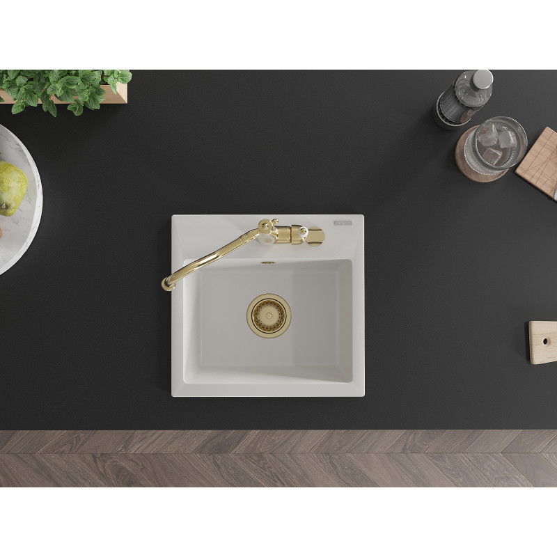 Mexen Milo egykamrás gránit mosogató Carla konyhai csapteleppel, fehér - 6505-20-670700-50