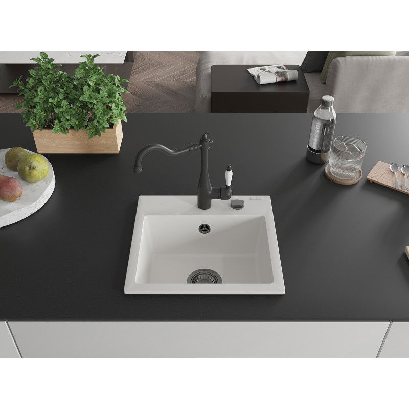 Mexen Milo chiuvetă de bucătărie din granit cu 1 compartiment și baterie Carla, alb - 6505-20-670700-70