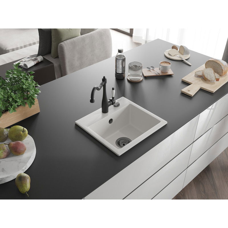 Mexen Milo chiuvetă de bucătărie din granit cu 1 compartiment și baterie Carla, alb - 6505-20-670700-70
