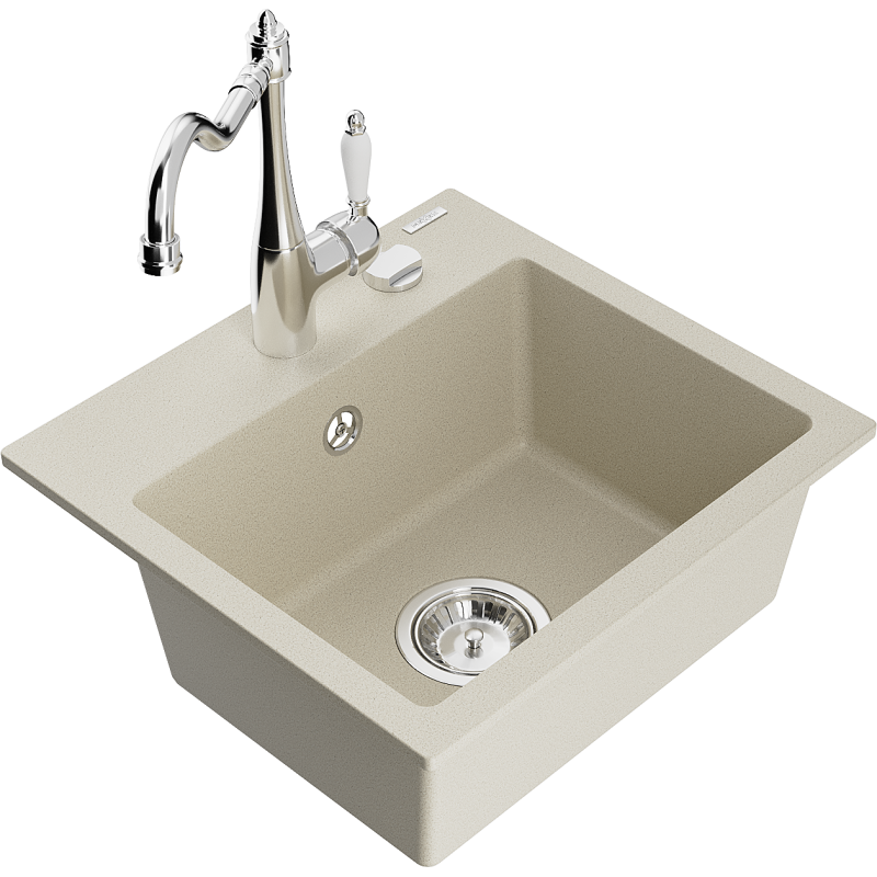 Mexen Milo chiuvetă de granit cu 1 cuvă cu baterie de bucătărie Carla, bej - 6505-69-670700-00